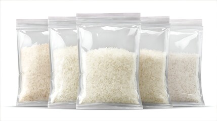 High quality image of five clear plastic bags filled with white rice isolated on white background.
