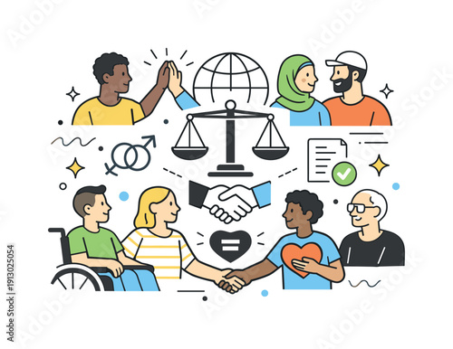 Equality and justice concept. Diverse individuals connect around universal symbols of balance and fairness, forming a harmonious composition.