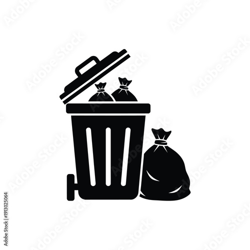 Vector illustration icon black silhouette of a trash can with garbage bags on a isolated