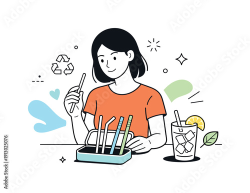 Reusable straws. Person choosing a reusable straw before a drink in a calm editorial moment. Mindful decision-making and eco awareness,