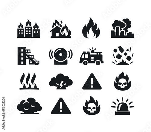 Urban Fire Disaster. Solid icon set of Urban Fire Disaster: city building fire, engulfed structure, flame burst, smoke skyline, fire escape
