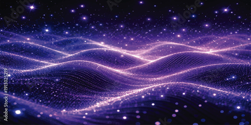 An abstract blue glowing background features a bright galaxy nebula with shimmering stars and dust across the dark cosmic sky of an outer space universe illustration