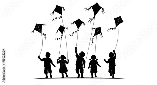 Children Silhouettes Flying Kites Together Outdoors.