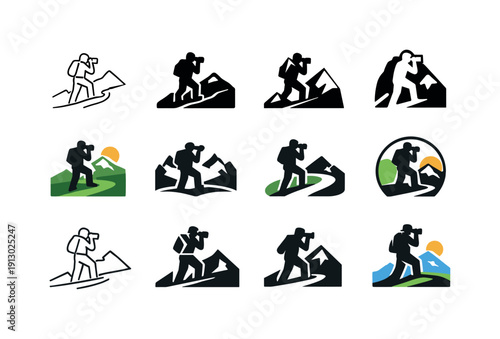 Hiking Photography Icons. Hiking photography tours. Icon set. Set Logo of Hiking photography tours: photographer with camera on mountain trail. harmonious logo