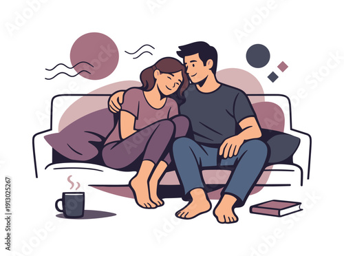   Everyday intimacy. Couple sitting close on a sofa, legs touching, relaxed posture and soft