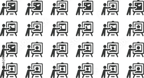Black silhouette teaching presentation icons set with person pointing at board, easel, creative symbols, star, smiley face, circle, square, communication illustration