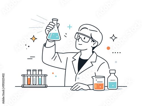 Laboratory glassware. A researcher holding a flask up to the light, observing liquid transparency with curiosity and care. Clean lab mood