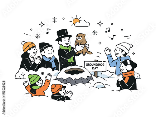   People celebrating Groundhog Day. A small crowd gathered outdoors watching a groundhog emerge, cheerful winter tradition mood. Friendly