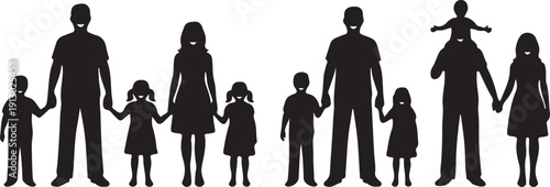 Four happy family silhouettes standing in line, isolated white background.
