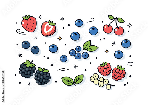 Seasonal berries flat lay. Fresh berries gently scattered with visual rhythm, suggesting healthy food and summer freshness. Clean editorial