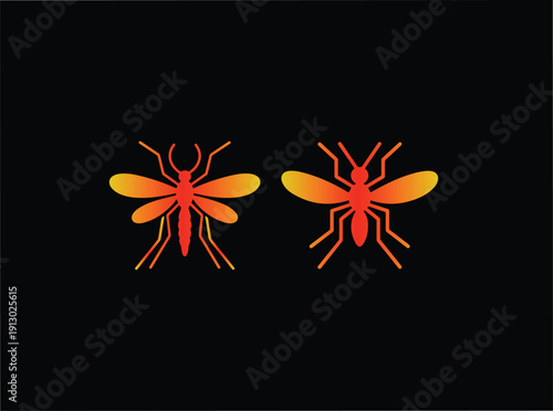 Two stylized orange and yellow mosquitos in silhouette against a black background