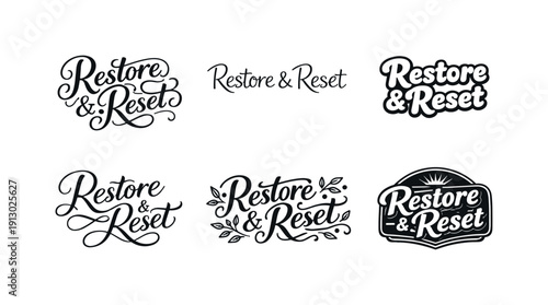    Restore and reset. Set lettering. harmonious lettering variations of the same emblematic concept, each with different artistic interpretation