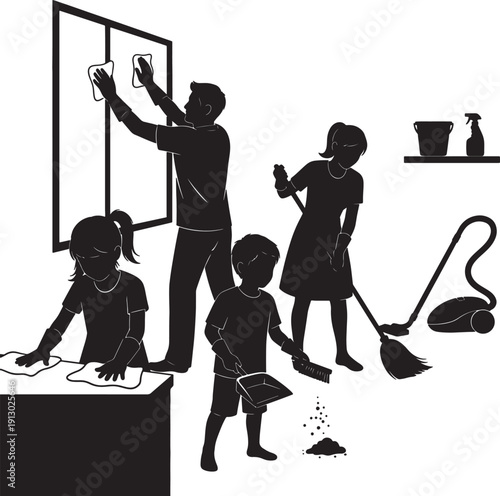 Family Cleaning Together at Home with Vacuum and Dusters