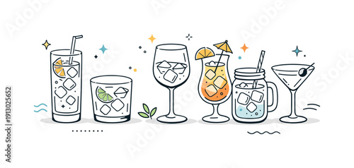    Cold drinks glassware set. Different types of glassware such as highball, tumbler, and wine glass displayed side by side. The illustration
