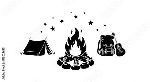 Camping Icons with Tent and Fire.