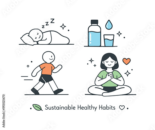 Sustainable healthy habits. A clean minimal illustration showing long-term wellness through small daily actions. Icons of sleep, water,