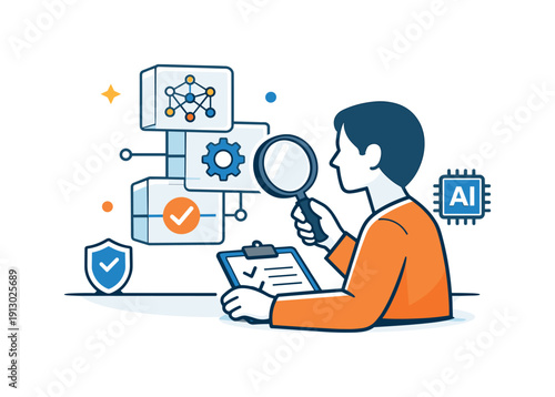 Artificial intelligence ethics a calm editorial moment showing a person reviewing transparent algorithm blocks, conveying accountability,