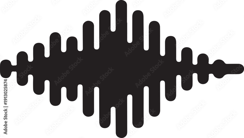 Obraz premium Symmetrical Sound Wave Icon Solid Audio Shape, Black solid symmetrical sound wave icon with dynamic waveform shape, representing audio signal, music visualization, voice recording and digital sound c 