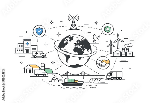Global safety systems. Infrastructure elements like hospitals, supply routes, and communication towers connected visually across regions.