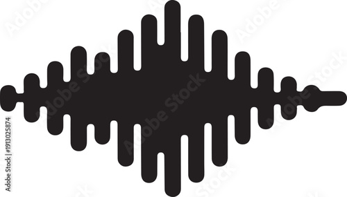Symmetrical Sound Wave Icon Solid Audio Shape, Black solid symmetrical sound wave icon with dynamic waveform shape, representing audio signal, music visualization, voice recording and digital sound c
