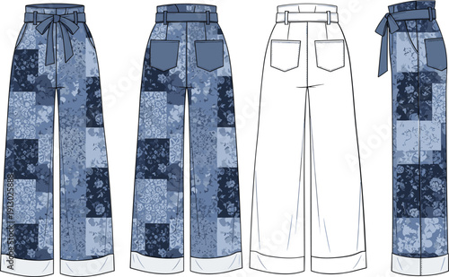 Blue patchwork pants with white pants blue pants wide-leg pants cuffed pants