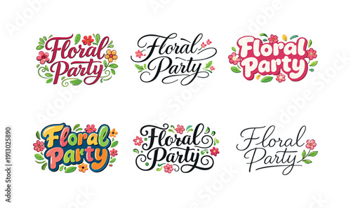    Floral party theme lettering. Set lettering. harmonious lettering variations of the same emblematic concept, each with different artistic
