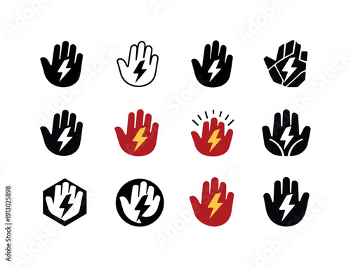aching hands. Icon set. Set Logo of aching hands: open hand with lightning pain symbol. harmonious logo variations of the same emblematic
