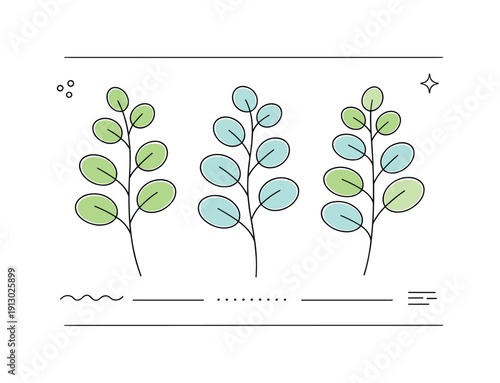 Minimal Eucalyptus Design. Minimal eucalyptus set. A few eucalyptus branches laid out in a tidy row, soft curved stems and evenly spaced rounded leaves. Calm