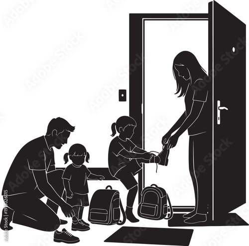 Family Saying Goodbye at Front Door with Backpacks and Suitcases