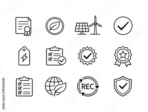   Renewable Energy Certificates. Line outline icon set of Renewable Energy Certificates: