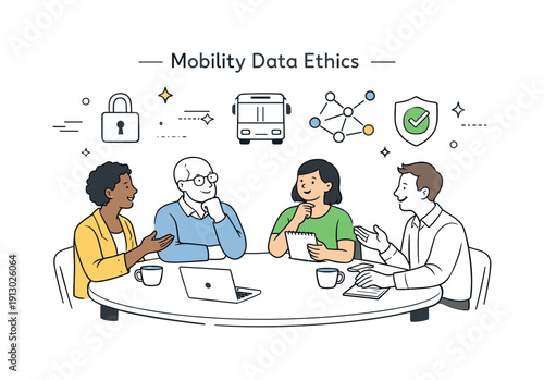 Data Ethics Discussion. Mobility data ethics panel. Diverse group of people around a round table discussing public transport data usage, abstract icons of