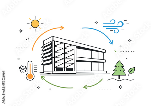   Bioclimatic facade seasonal response. A facade adapting to sun, wind, and temperature symbols, suggesting year-round environmental