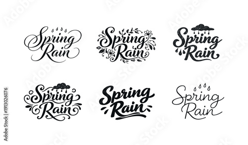    Spring rain poetry phrase. Set lettering. harmonious lettering variations of the same emblematic concept, each with different artistic