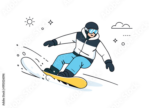Snowboarding Elegance. Snowboarding action. A snowboarder carving across fresh snow, relaxed posture and flowing movement. Clean editorial illustration