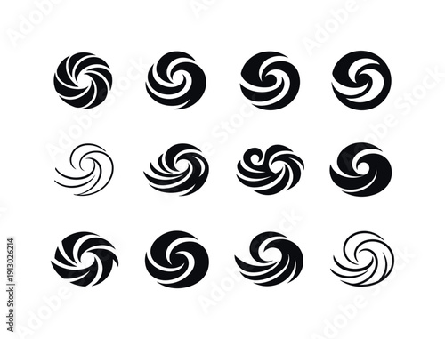 Coastal Breeze. Icon set. Set Logo of Coastal Breeze: abstract breeze lines in spiral flow. harmonious logo variations of the same emblematic