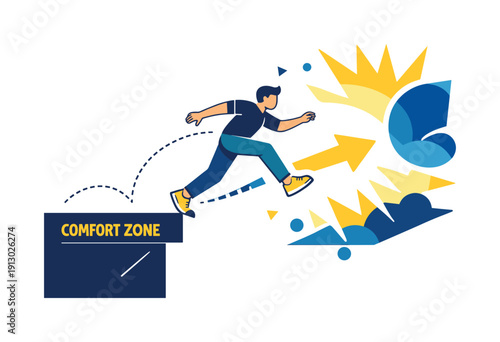 Stepping into Uncertainty. Leaving comfort zone. Figure stepping off a safe platform into a bright abstract