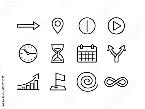 Evolving timelines. Line icon set of Evolving timelines: timeline arrow, past marker, present marker, future marker, clock face, hourglass,