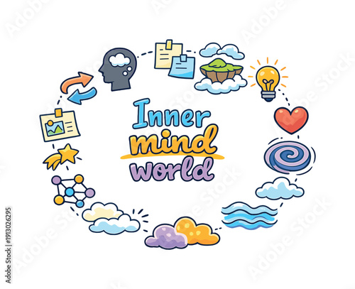   Inner mind world. Hand drawn illustration of Inner mind world. head silhouette, floating