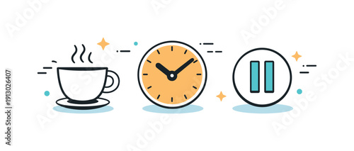   Short breaks. Abstract scene with floating icons of coffee, clock, and pause symbol. Concept of micro-rest and healthy productivity rhythm.