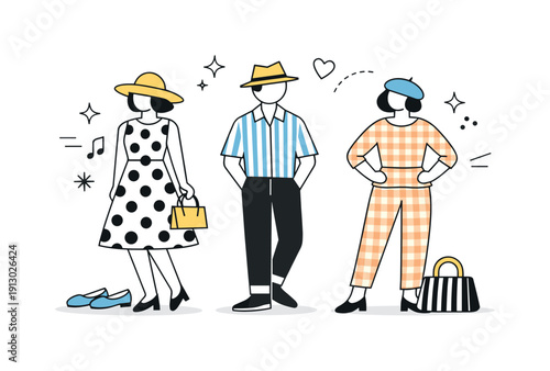 Retro patterns and textures. Editorial illustration focusing on classic prints like polka dots, stripes, or checks applied to clothing