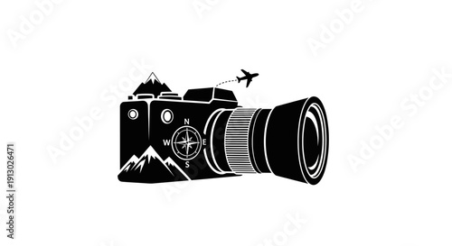 Black and White Camera Illustration with Plane.