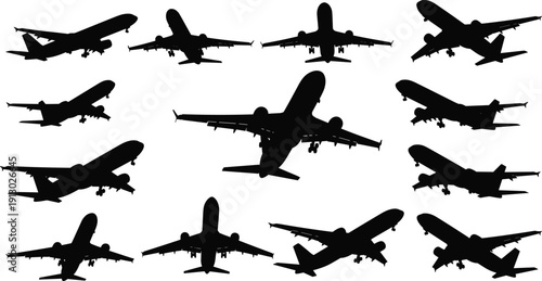 Commercial Airplane Silhouettes Collection in Multiple Angles Isolated on White Background, Aviation Transport Aircraft Landing and Takeoff Views Set