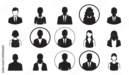 User profile avatar collection featuring various men and women in formal suits and casual clothing