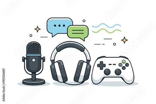 Streaming and gaming tools. A microphone, headset, and controller grouped together, chat bubbles and wave icons softly floating above.