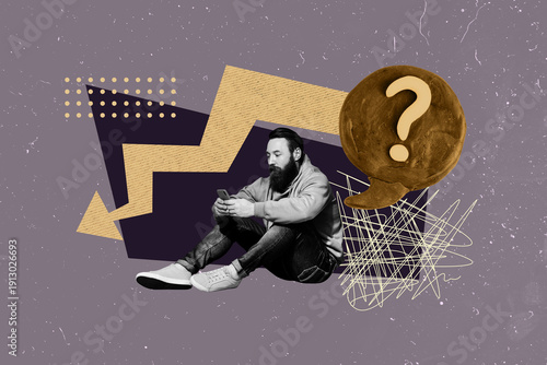 Foto Creative full art image collage of serious businessman surf phone question mark