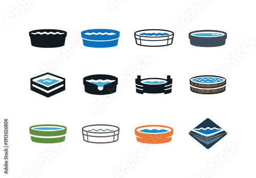 Watering Trough Icons. Watering trough. Icon set. Set Logo of watering trough: farm water container. harmonious logo variations of the same emblematic concept,
