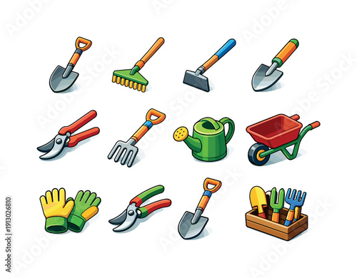 Colorful Gardening Tools Collection. Gardening tools. Colorful isometric vector icons set of gardening tools: shovel, rake, hoe, hand trowel, pruning shears,