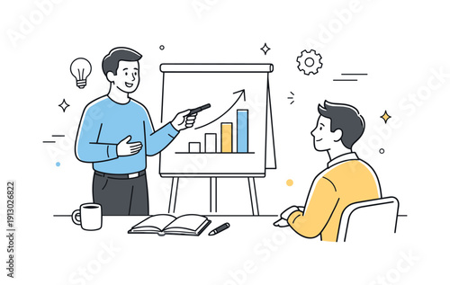 Entrepreneurial Growth Coaching. Business coaching and mentoring for entrepreneurs. A coach pointing at a simple growth chart while an entrepreneur listens
