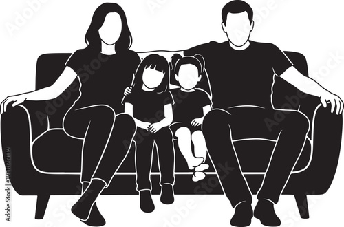 Happy Family Sitting Together on Sofa at Home, Black and White Illustration