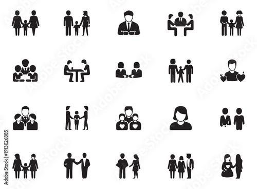 Diverse set of family and social interaction icons depicting various people relationships
